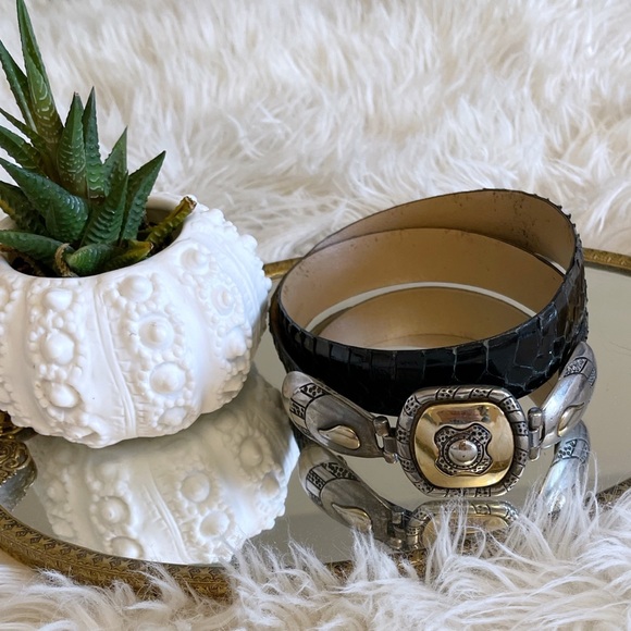 Vintage black reptile leather western belt, brass/ silver buckle, Sz M 🇨🇦 - Picture 4 of 9